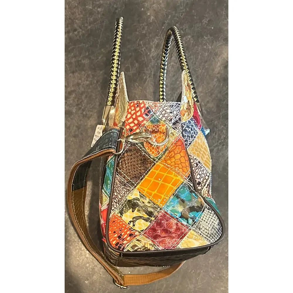 Vintage Leather Snake Blocks Patchwork Handbag Satchel Tote Shoulder Bag
